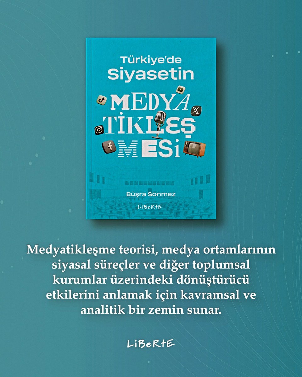 "Medyatikleşme teorisi, medya ortamlarının siyasal süreçler ve diğer toplumsal kurumlar üzerindeki dönüştürücü etkilerini anlamak için kavramsal ve analitik bir zemin sunar."

Türkiye'de Siyasetin Medyatikleşmesi,
Büşra Sönmez, Liberte Yayınları.
Kitabın giriş kısmını sayfamızdan