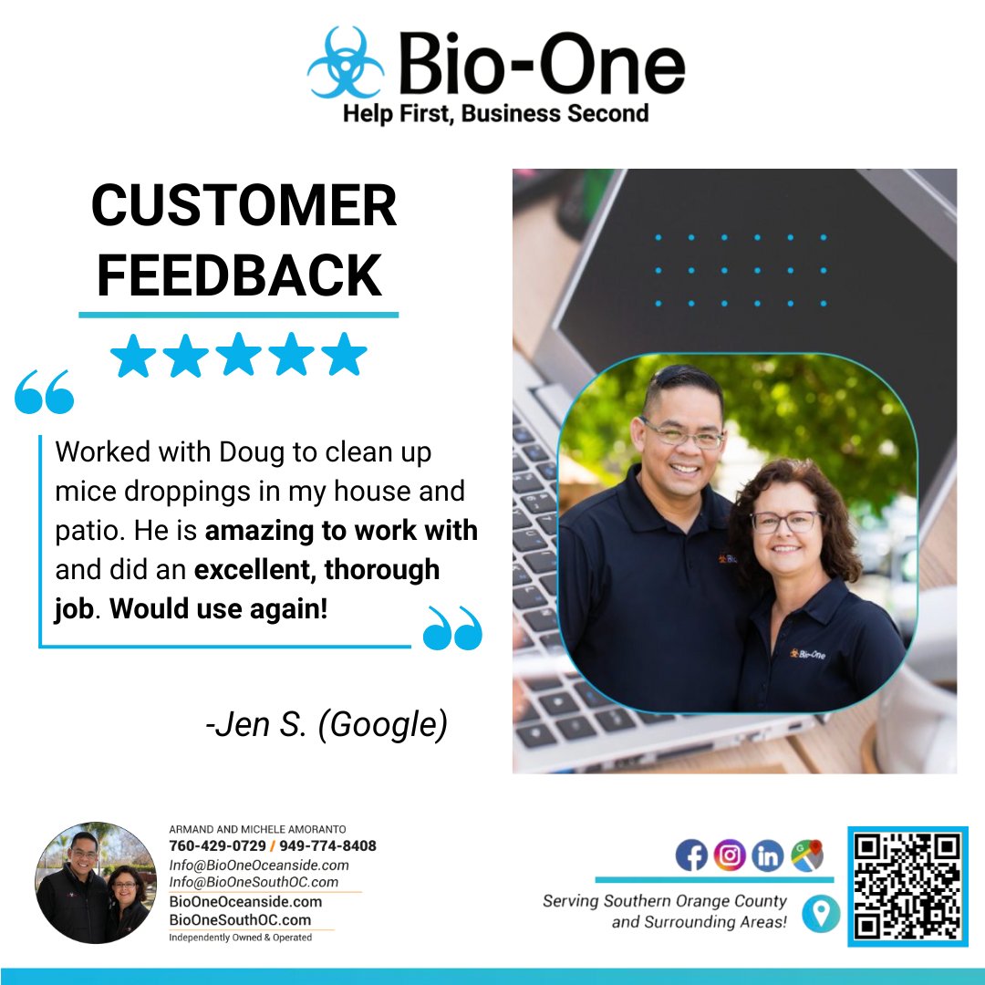 BioOneSouthOC's tweet image. ✨ Wonderful Feedback ✨

Thank you for your kind words! We truly appreciate your trust.

📞 Southern Orange County – 949-774-8408
📞 North San Diego County – 760-429-0729

#ProfessionalService #HappyClient #RestorationExperts #TrustedService