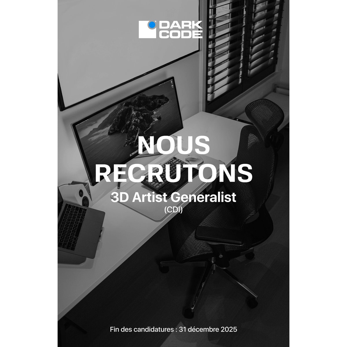 DarkCodeCompany's tweet photo. 🔍 ON RECRUTE | 3D Artist Generalist 

Dark Code recherche un(e) artiste 3D polyvalent(e) : modélisation, texturing, lighting, animation, rendering. 

Pas de diplôme requis, seul le talent compte.

📅Délai : 31/12/2025
👉Lien : https://t.co/oB5FOA6r1P

#jobalert #3ddesign https://t.co/x3nQcTIZpO