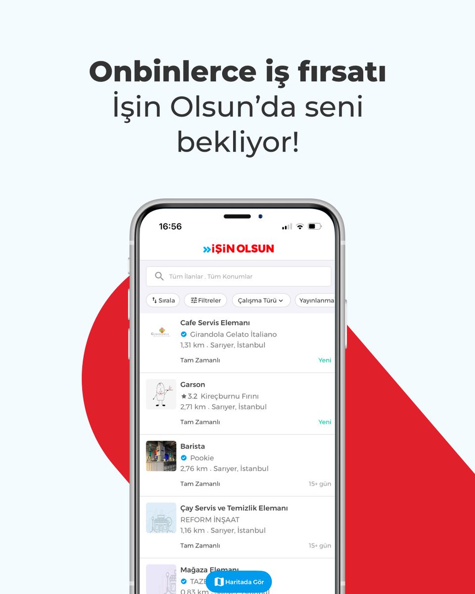 Onbinlerce güncel iş fırsatı İşin Olsun'da seni bekliyor! ❤️

Sen de İşin Olsun'a gir; evine yakın, sana uygun iş fırsatlarına hızlıca başvur! 📲