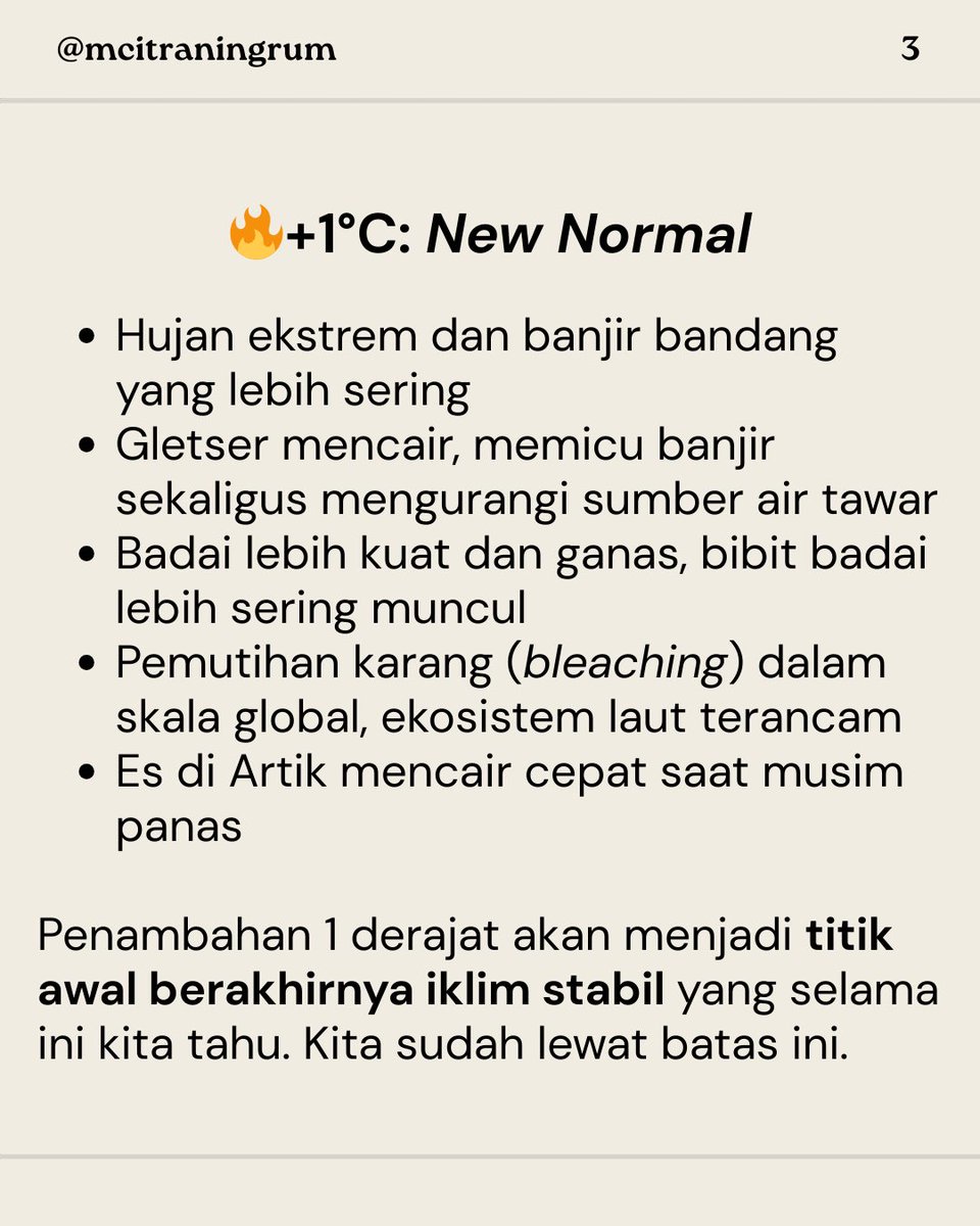 mcitraningrum's tweet photo. Ndak bertujuan mengubah pemikiran blio, mau cerita aja buat yang lain :)

Nggak usah pake frasa “krisis iklim” atau “pemanasan global”, sebenernya kita udah ngalamin hal-hal ini belum? Jika bumi lebih panas 1 derajat atau 2 derajat, ini gejalanya.

Ngukur kerugian ekonomi karena kejadian-kejadian ini mungkin mudah, tapi gimana dengan nyawa (manusia dan makhluk hidup lain), hutan yg rusak, keanekaragaman hayati, kampung halaman yg hilang?

Perbedaan 1 derajat itu udah kayak perbedaan dunia.

✨Mengapa kita harus ambil aksi sekarang✨, mau negara “maju” atau “berkembang”, untuk adaptasi (ketahanan bencana) dan mitigasi (mengurangi kegiatan yg berkontribusi ke sana, termasuk penggunaan energi fosil, penambangan dan deforestasi)? 

📌 Karena delay = bayar mahal di belakang. Nggak cuma barang, juga kesehatan dan nyawa.

📌 Gejala ini semuanya susah diobati, bahkan bisa nggak mungkin. Apa bisa ngembaliin es di kutub? Bikin hutan hujan dalam waktu cepat? Memulihkan karang dan ekosistem laut susahnya kayak apa.

📌 Yang punya privilege (lokasi, uang, akses) bisa aman, lainnya? Bisa tenang lihat saudara senegara susah, hewan punah, tanaman musnah? 

Dampaknya nggak proporsional, yang justru rentan dan kontribusinya ke penyakit lingkungan sedikit malah terkena lebih parah.

**

‼️Dan sebelum terlambat, krisis iklim
itu bukan persoalan di mana kita baiknya beradaptasi (aja), tapi harus ada upaya MENCEGAH.

*pandangan Lomborg dkk itu punya kontribusi ke memperlambat upaya (delaying tactics). Dampak krisis iklim itu nggak linear (dan bahkan sulit diprediksi), sehingga konsekuensi nggak ngapa-ngapain BELUM TENTU setara dengan dampak yg kita tanggung di masa depan