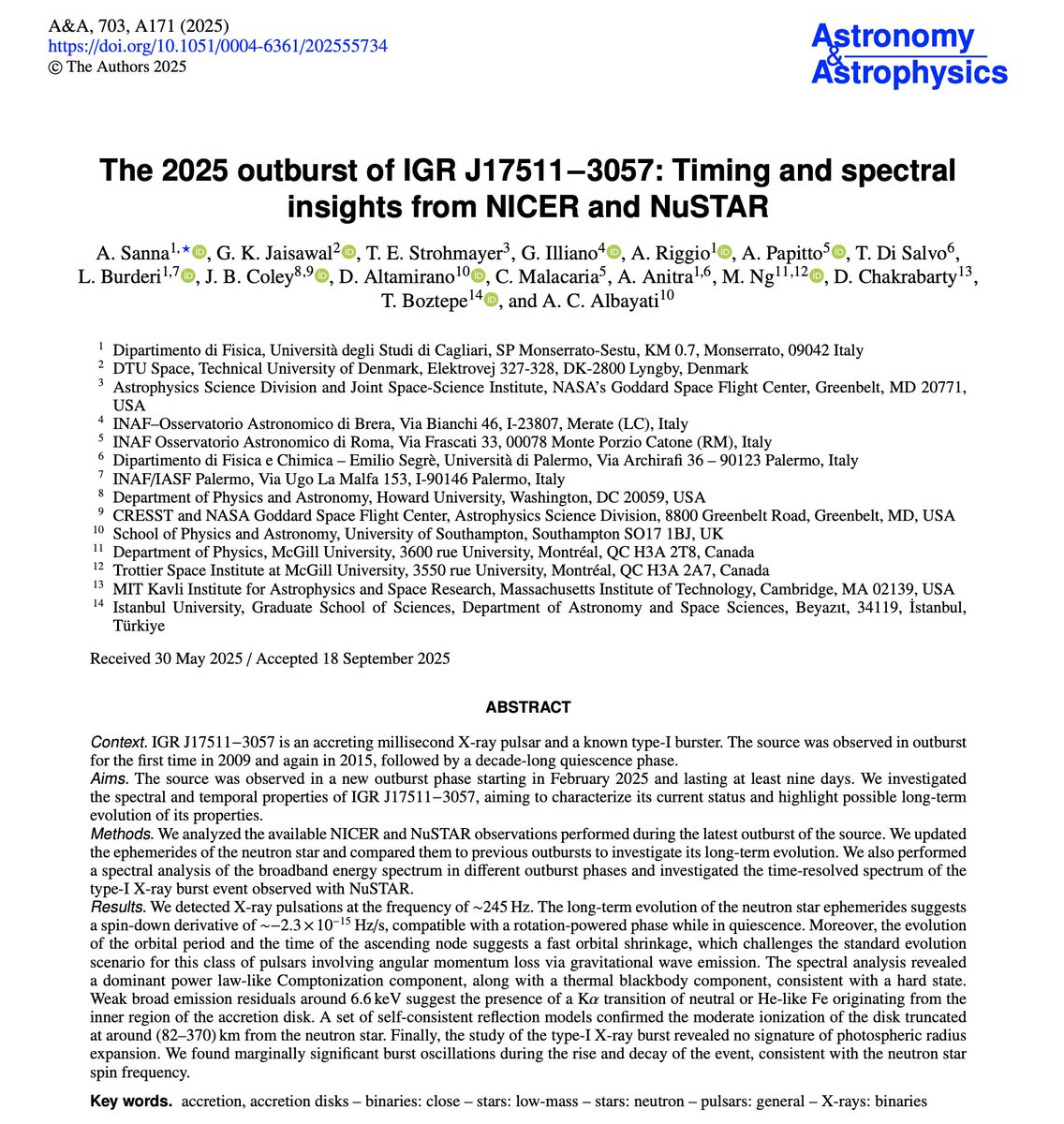 Tugbaastro's tweet photo. Our new paper on the accreting millisecond X-ray pulsar IGR J17511−3057 is now published! 🚀✨ Check it out! Link: https://t.co/oxm6f0Ar1l #Astronomy https://t.co/3N2qM8q6u8