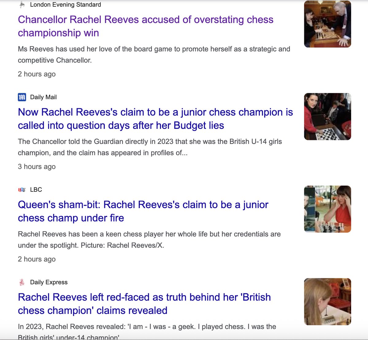 You will be shocked to discover after reading these that while Rachel Reeves claimed to have been the "British girls under-14 [chess] champion" she was in reality merely the "Under 14s British Women’s Chess Association (BWCA) Girls" Champion.

This is getting ridiculous now