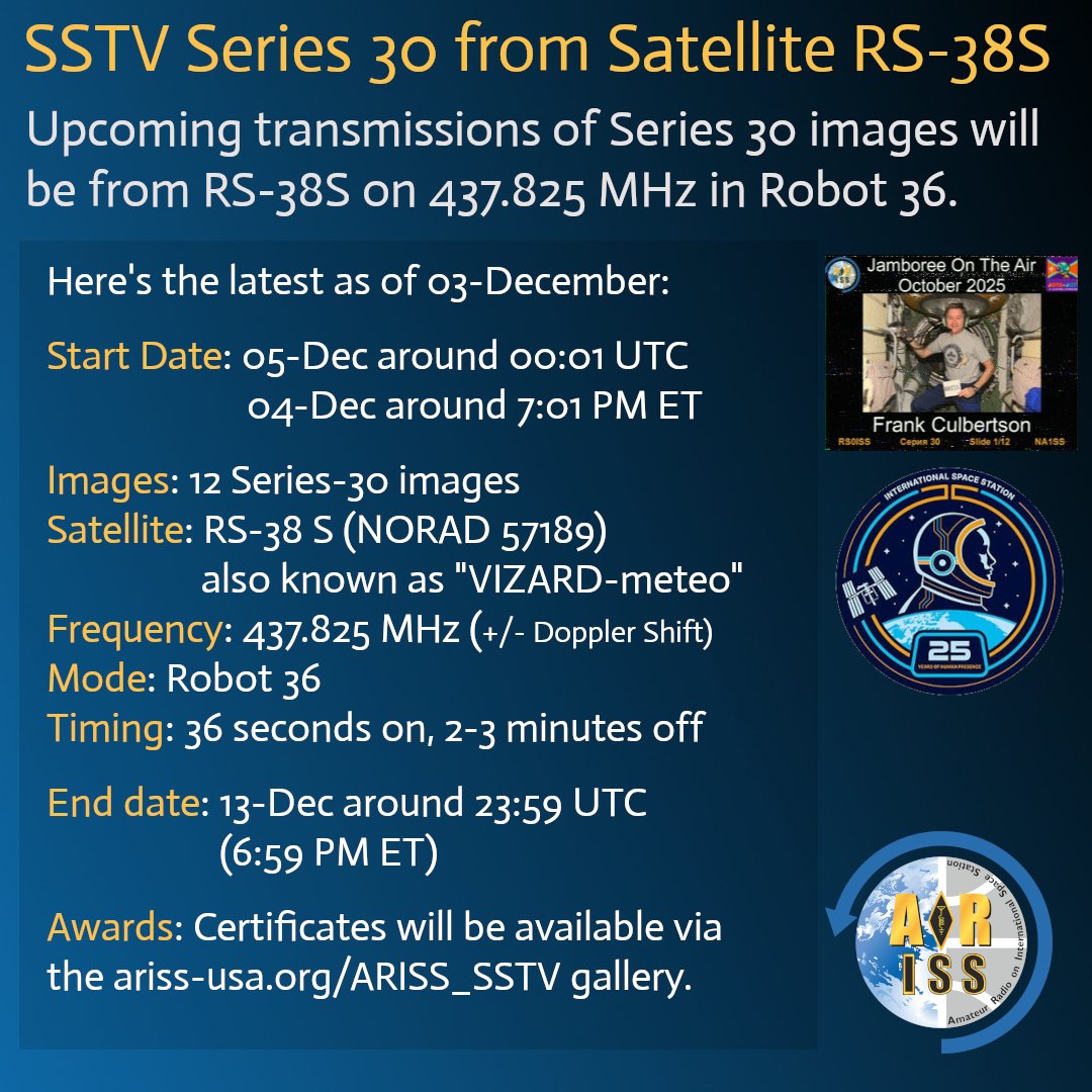 ARISS_Intl's tweet image. ARISS Ops is anticipating the SSTV Series 30-1 event from satellite RS-38S will start around 00:01 UTC on Friday 05-Dec. (7:01 PM ET Thu 04-Dec). 

Event is expected to run until December 13.  Details in the graphic.