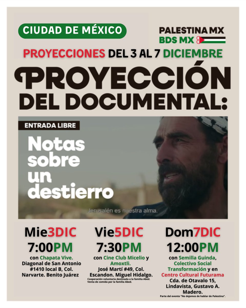 palestina_mx's tweet photo. #AgendaPorPalestinaMx
Nuevo "Notas sobre un destierro" sigue en el circuito de festivales. Excelente para un primer acercamiento al tema. Entenderás: no es un problema religioso, inicio antes de 1947 -pero no es eterno- y la resistencia Palestina. #Palestina #BDS #BDSmx https://t.co/97MTVDwhaJ