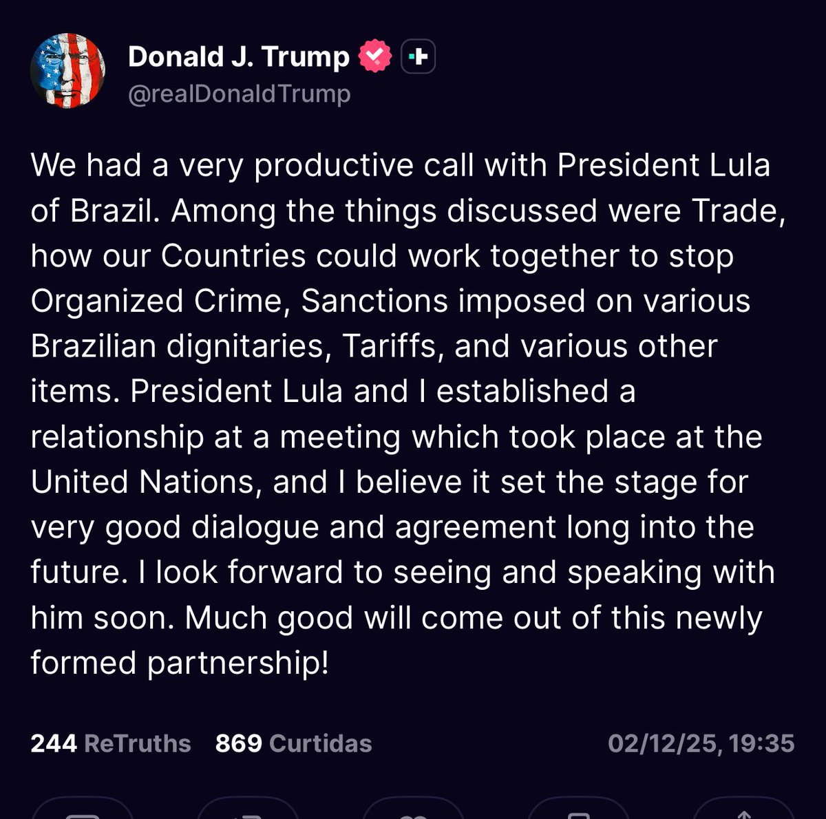 El nuevo amigo de Trump se llama Lula.
