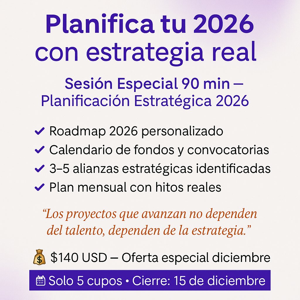 2026 no se planifica solo. Se diseña.
Si eres cineasta o productora y quieres resultados reales, esta sesión es tu primer movimiento inteligente.
Roadmap 2026 + fondos + alianzas + claridad total.

Escribe “PLANIFICAR 2026” al DM