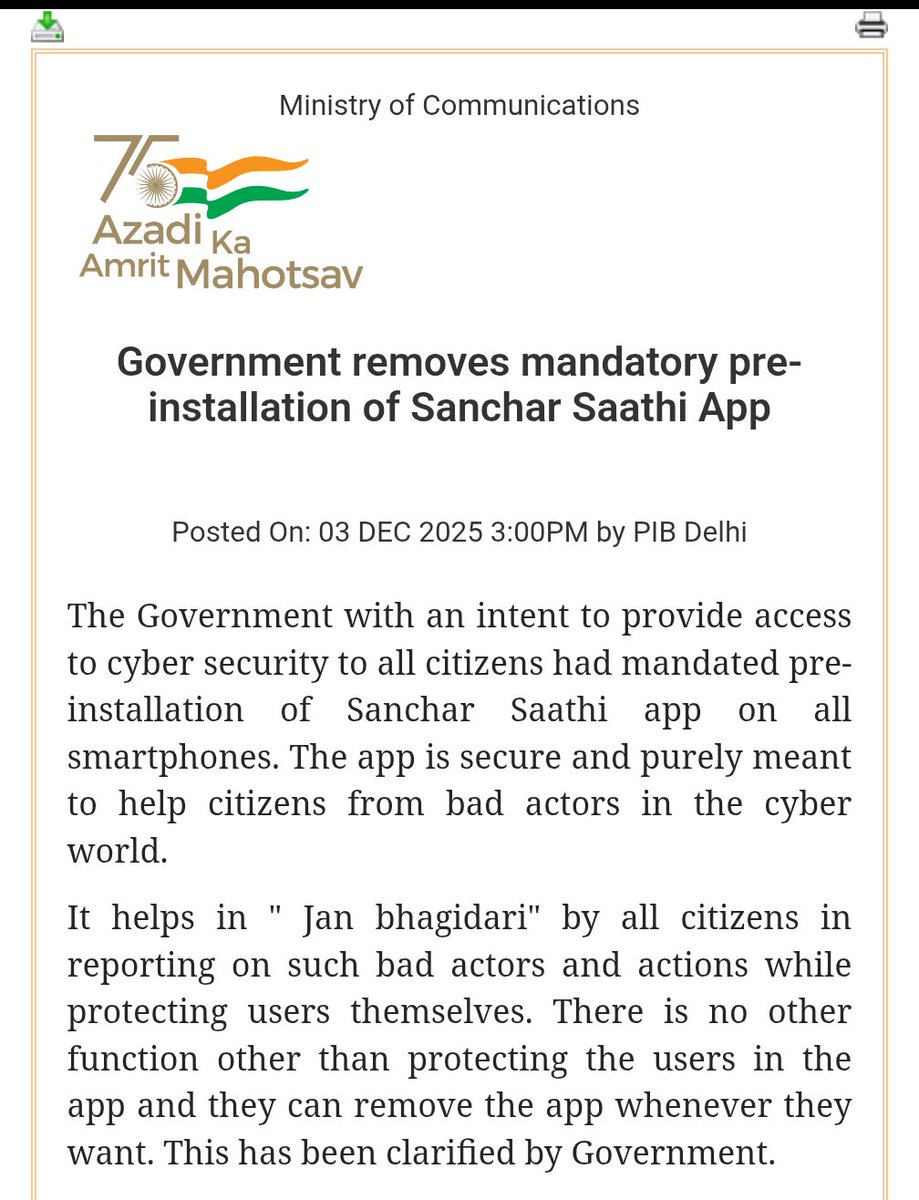 Big Win and Important on Sanchar Saathi
Govt Has Announced That It Won't Make Sanchar Saathi App Pre-Installed Mandatorily.