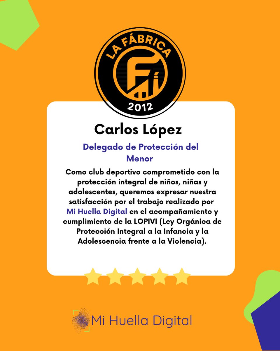 💙 Lo que opinan de nosotros
Carlos, Delegado de Protección del Menor CD La Fábrica FS destaca nuestra labor en el acompañamiento para el cumplimiento de la #LOPIVI
Seguimos trabajando para que clubes deportivos cuenten con las herramientas necesarias para proteger a la infancia