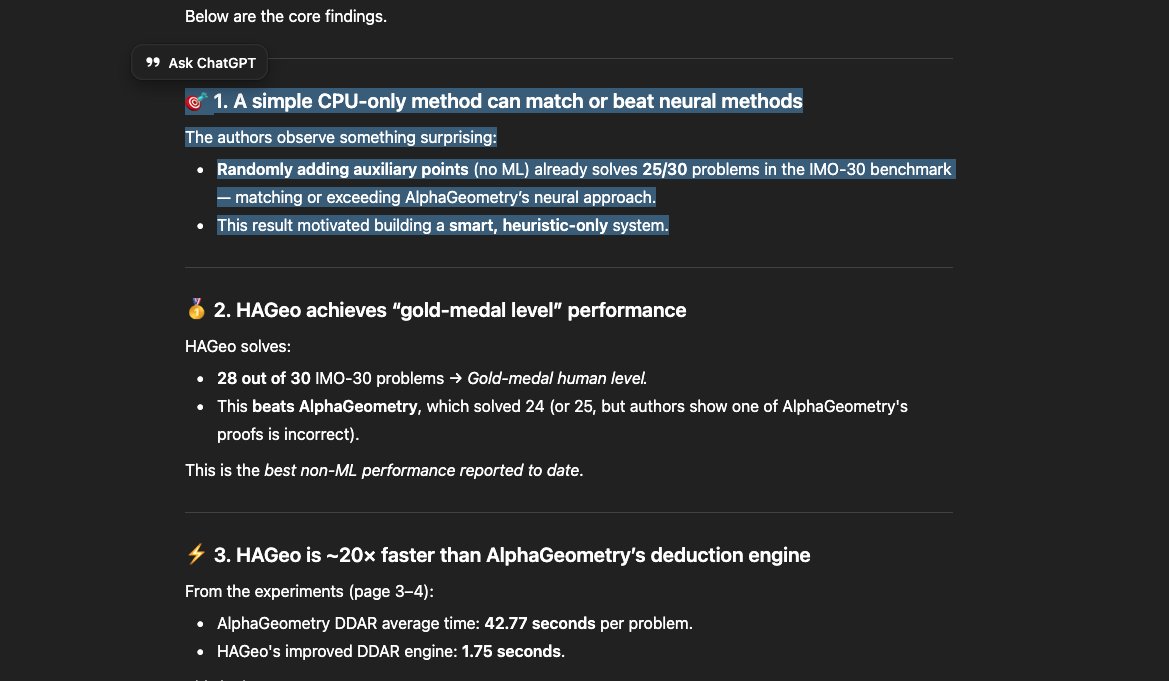 gregcoppola5d's tweet image. 🎯 1. A simple CPU-only method can match or beat neural methods

Randomly adding auxiliary points (no ML) already solves 25/30 problems in the IMO-30 benchmark — matching or exceeding AlphaGeometry’s neural approach.

#interesting #cool #muchtoconsider