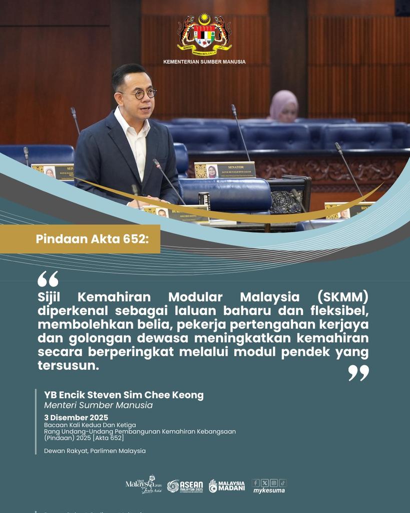 📢 SKMM diperkenal di bawah pindaan Akta 652 sebagai laluan baharu &amp; fleksibel untuk belia, pekerja pertengahan kerjaya &amp; dewasa tingkat kemahiran secara modular. Belajar ikut tahap &amp; masa sendiri, sejajar keperluan industri masa kini!  

#KESUMA #TVET #Akta652 #MalaysiaMADANI