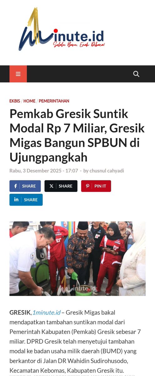 1minuteI's tweet image. Gresik Migas Bangun SPBUN di Kampung Bandeng Ujungpangkah 
#Gresik
#bumd
#migas
1minute.id/2025/12/03/pem…

Foto : Peresmian SPBUN Lumpur  Jalan RE Martadinata, Kel. Lumpur, Gresik