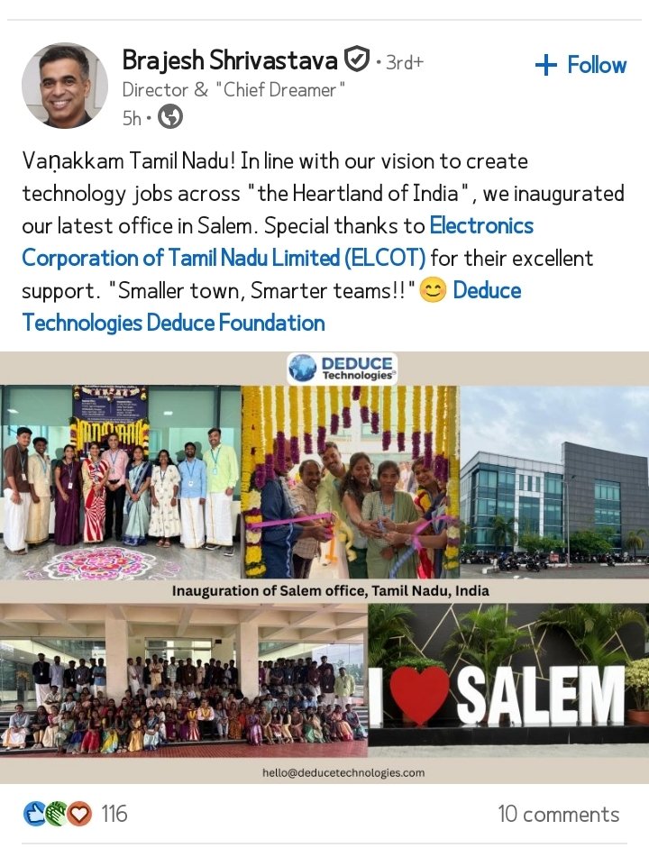 Cha_ranbsk5's tweet photo. Two new entries in Salem:
US Arizona based Radixlink has opened its ODC in Salem.
Deduce Technologies has started operations in the Salem ELCOT building. https://t.co/bVpaKFFD6X