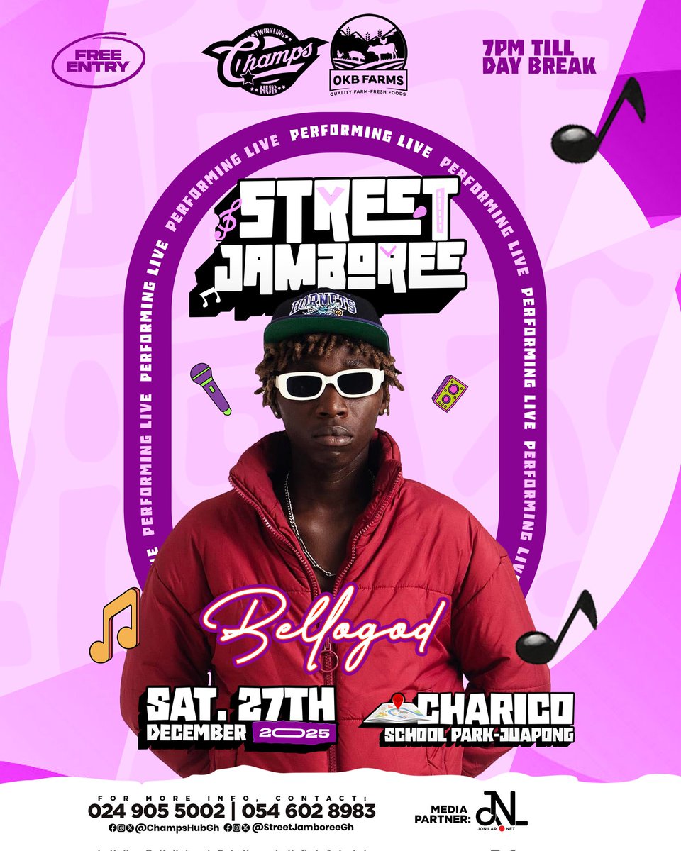 Newest music sensation @Bellogod_ will be performing live at this year's <a href="/StreetJamboree/">Street Jamboree</a> 2️⃣0️⃣2️⃣5️⃣.

This year's edition is brought to you by <a href="/ChampsHubGh/">Champs Hub - Ghana</a> in partnership with <a href="/OkbFarms/">OKB Farms</a>

#ChampsHubGh #StreetJamboree
#LiveConcert #JonilarNet
#DecemberInJuapong
#ExperienceTheMagic 🔥