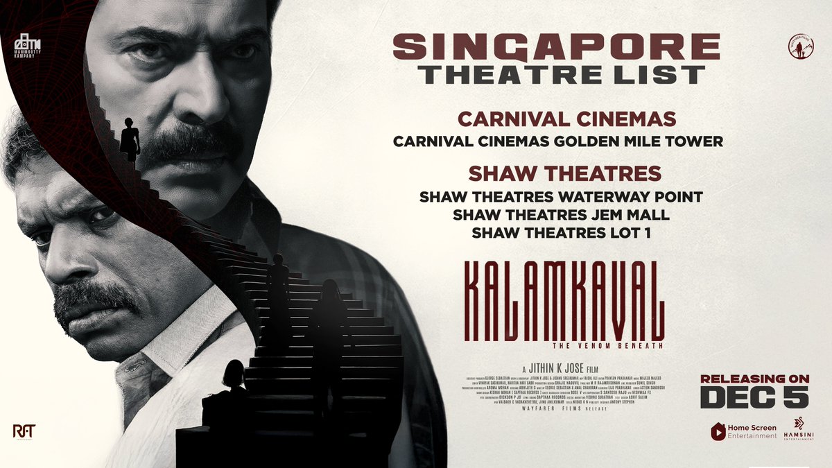 Crossing borders with suspense now landing in Singapore! 🔥 #Kalamkaval releases on December 5. Here’s the Singapore theatre list!

#Kalamkaval In Cinemas from December 5

#Mammootty <a href="/mammukka/">Mammootty</a> #Vinayakan #MammoottyKampany #JithinKJose #WayfarerFilms