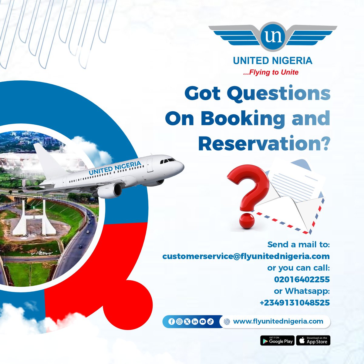 flyunitedng's tweet photo. Got questions on booking or reservations? 
Do you need to reschedule your flight or need your payment to be confirmed? 

Our dedicated customer service team​ is available to assist you. 

​📧 Send a mail: customerservice@flyunitednigeria.com
📞 Call : 02016402255 | WhatsApp only: +2349131048525

​United Nigeria: ...Flying to Unite.

#FlyUnitedNigeriaAirlines #FlyingToUnite #CustomerService #FlightBooking