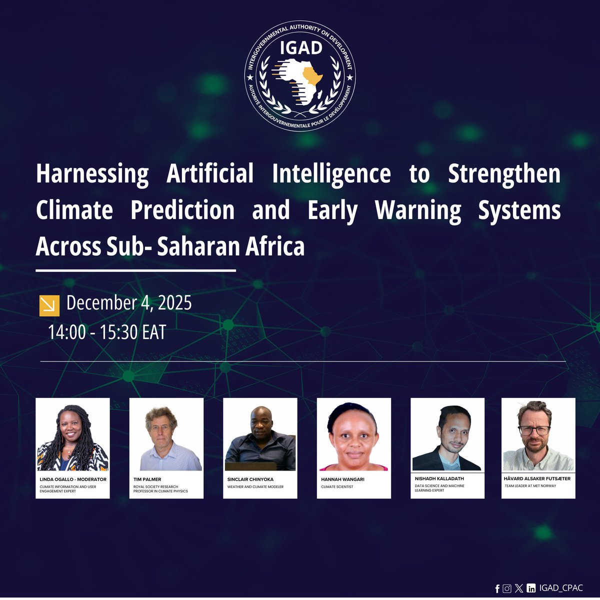Register and save the date! 

How can AI revolutionise climate prediction in Africa?
 
Join our webinar tomorrow as experts unpack applications shaping early warning systems across the region.

🗓️ 4 Dec 2025 | 🕒 14:00–15:30 EAT
👉 Register now: rb.gy/njsu8x
