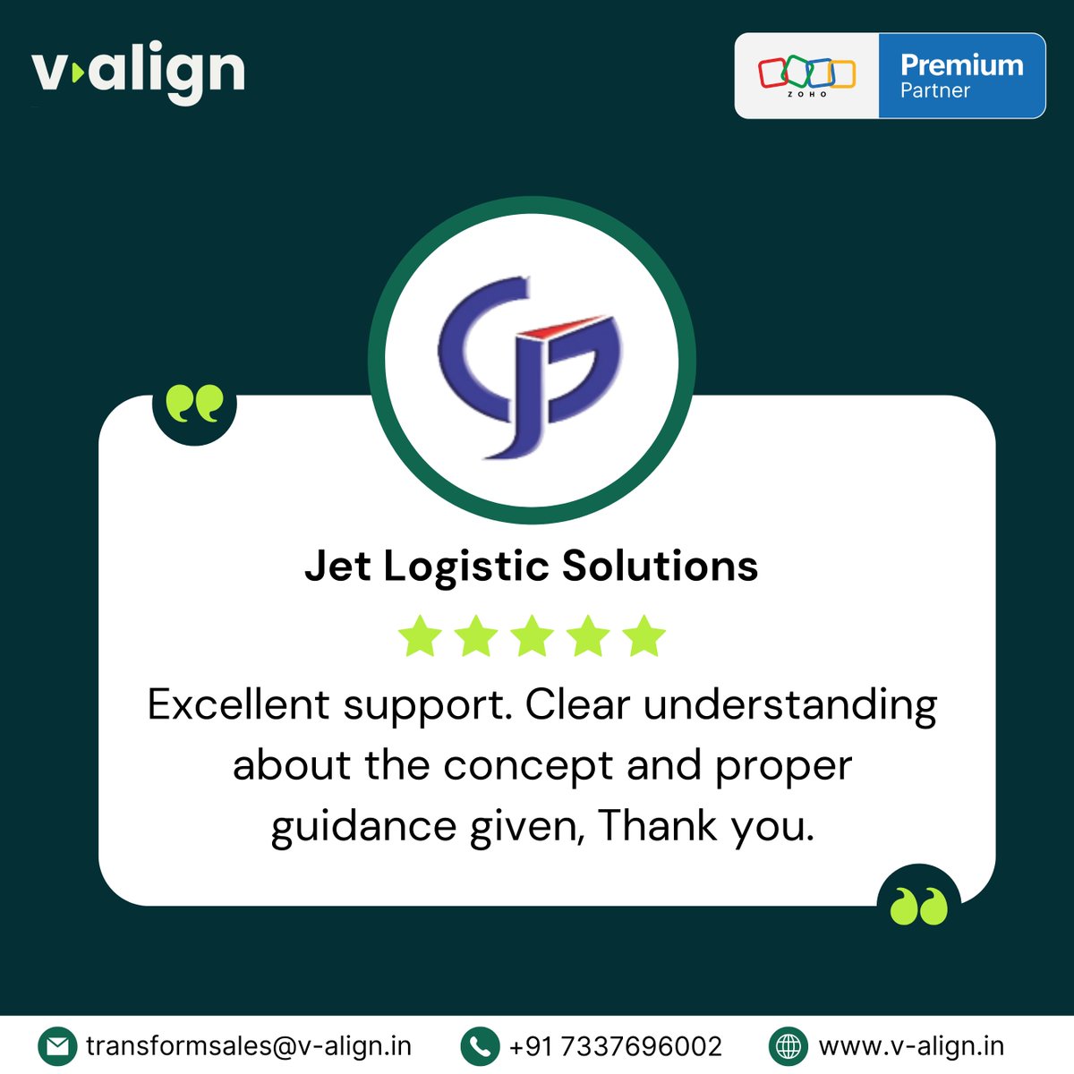 valigntech's tweet image. Feedback like this motivates our team to keep delivering meaningful results.

Thank you Jet Logistic Solutions, for trusting us with your Zoho implementation journey.

#Zoho #ZohoOne #zohoflow
