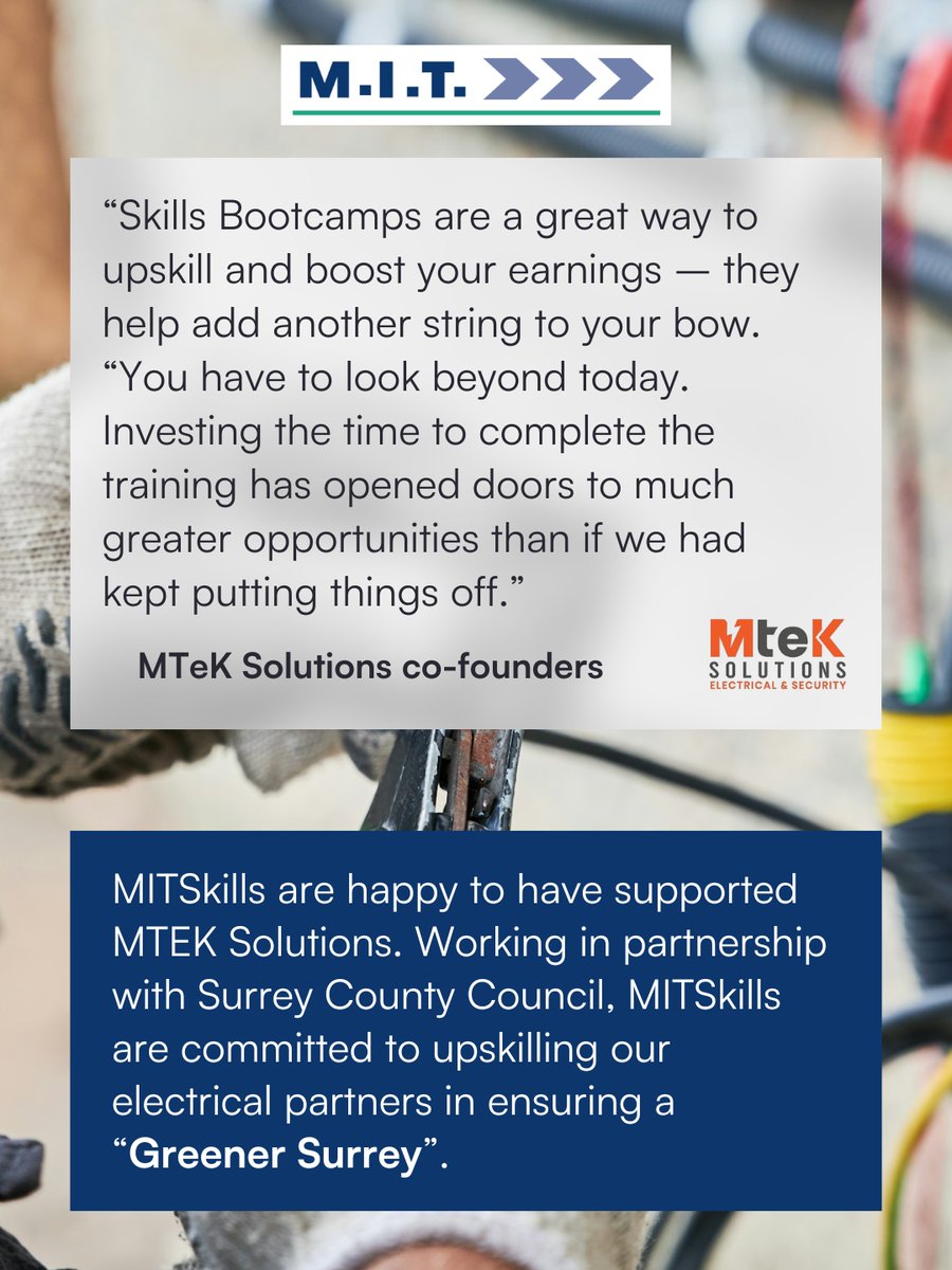 MITSKILLS's tweet image. MITSkills are happy to have supported MTEK Solutions.  Working in partnership with Surrey County Council, MIT Skills are committed to upskilling our electrical partners in ensuring a “Greener Surrey”.
businesssurrey.co.uk/skills-bootcam…
#SurreySkills #Training #MTEK #MITSkills #Partnership