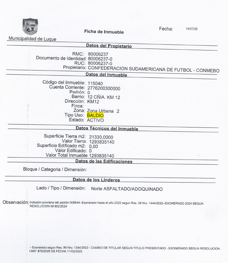 Este es el documento al que accedí: el registro donde el predio de Conmebol figura como “BALDÍO”. La categoría contradice la existencia de edificios en el lugar. El municipio no entrega el expediente que permitiría saber cómo se tomó la decisión y quiénes intervinieron.