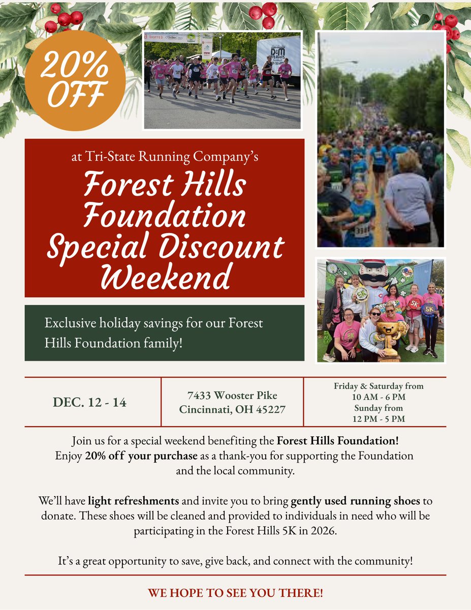 fhfeorg's tweet image. A *Special Discount Weekend* will be happening @TriStateRunning from 12/12-12/14! You'll get 20% off your purchase. Light refreshments will be provided and you're invited to donate lightly used running shoes that will be given to 2026 FH5K participants.

Thank you, Tri-State!