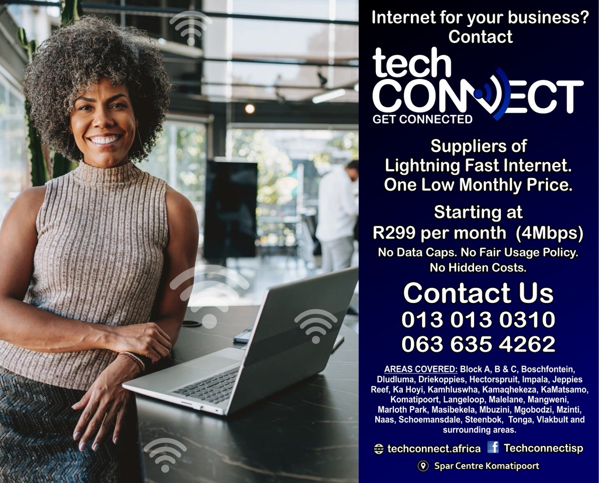 GorePrinting's tweet image. techConnect Komatipoort - Mpumalanga- Internet for your business? Get in contact with techConnect suppliers of lightening fast internet.
Get the best internet deals for your business.
Call us now: 0130130310 / 0636354262

facebook.com/techconnectisp

#TechConnect #UncappedInternet