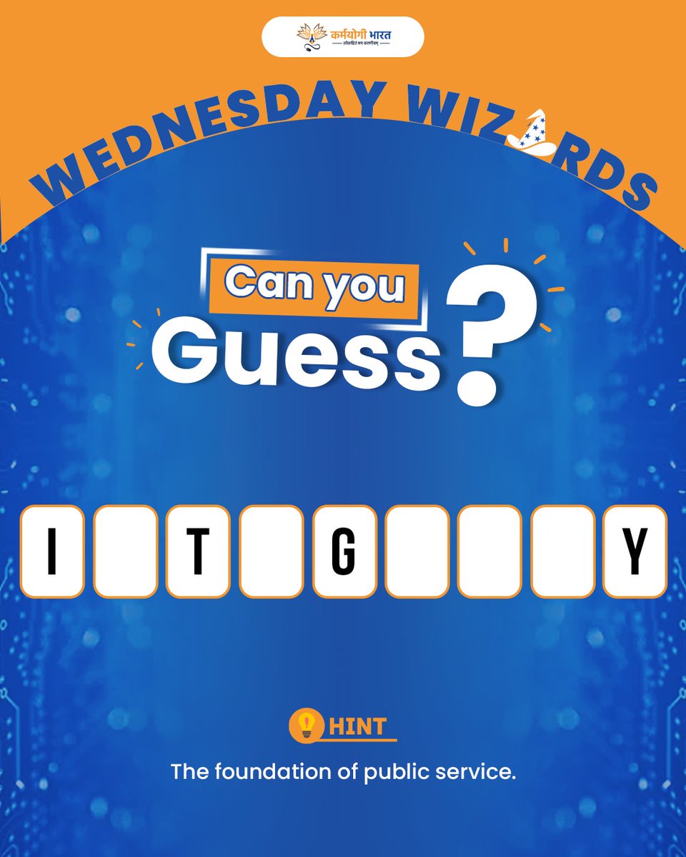 iGOTKarmayogi's tweet photo. Ready for a quick challenge?
Test your knowledge of the core values that drive India’s public service.
Think you’ve got it? Comment your guess below!
#WednesdayWizards #MissionKarmayogi #CivilServices #CapacityBuilding #PublicService #LearningCulture #Governance https://t.co/OgXzFN0pEV