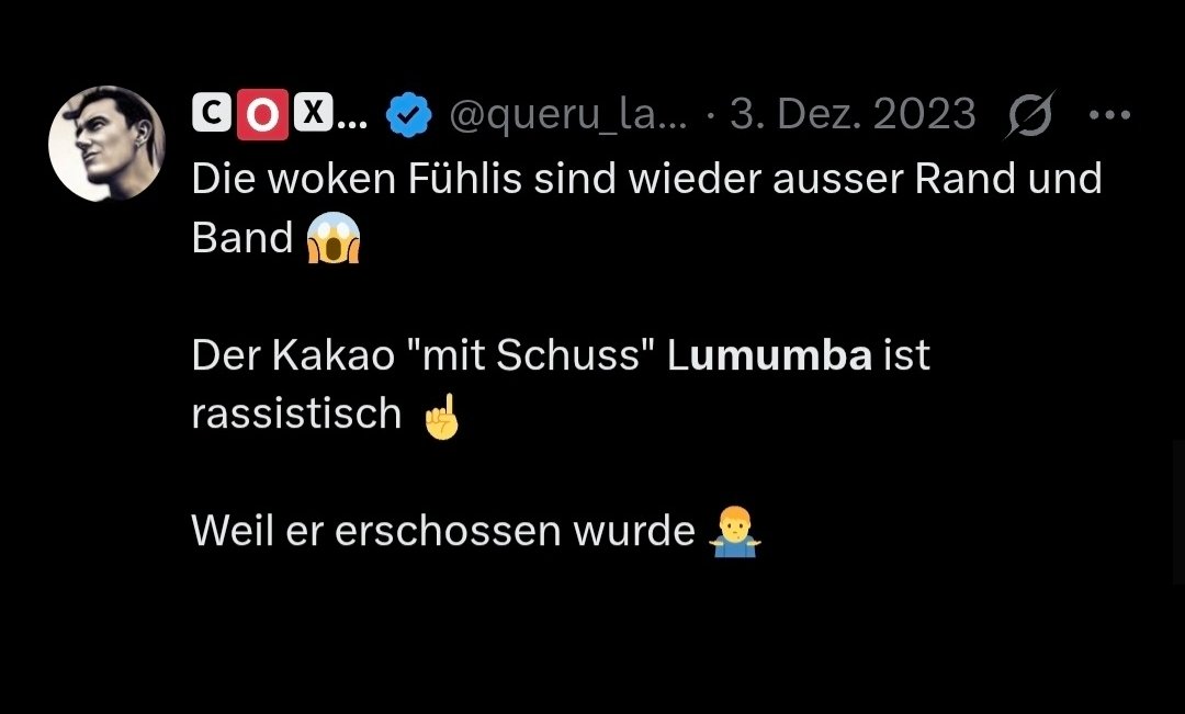 Die rechten Fühlis sind wieder ausser Rand und Band 😱

Der Glühwein "mit Schuss" Charlie Kirk ist rassistisch ☝️

Weil er erschossen wurde 🤷‍♂️