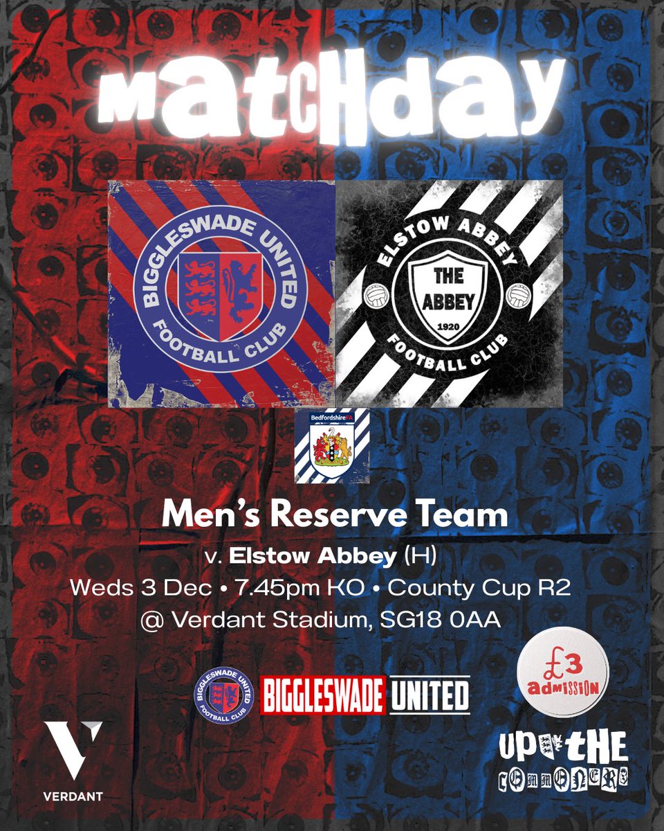 🚨 MATCHDAY

We’re back in <a href="/BedsFA/">Bedfordshire FA</a> Senior Trophy action this evening under the floodlights at the Verdant, as we take on <a href="/ElstowAbbeyFC/">Elstow Abbey FC</a> 🌓

Get down and support - 7.45pm kick-off, £3 admission 👊

<a href="/SecBiggleswadeU/">SecBiggleswadeutd</a> <a href="/Biggleswadeutd/">Biggleswade United</a>

#BUFCRes #OneClub #UpTheCommoners