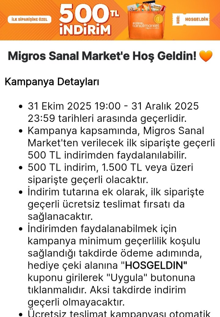 TardyInvestor's tweet photo. Migrosun sanal markette ilk 1500 tllik siparişe 500 tl indirimi var. Gayet güzel bir kampanya kullanmayan varsa. Eve kadar getiriyorlar ücretsiz. Uzun vade dayanacak fiyat makul ürünleri aldık bugün.  Annemler için de kullandım. Ayrıca kredi kartındaki kampanyayı da kullanarak %10 indirim aldım. Baya baya iyi oldu.

*Zorunlu reklam, işbirliği yoktur.