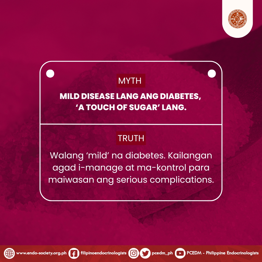 Diabetes is never “mild.”

Agad itong i-manage para iwas complications.

Read to learn more about the myths and truths about diabetes:
drive.google.com/file/d/1Ry8rh6…

#DiabetesAwareness
#HealthIsWealth
#PCEDM