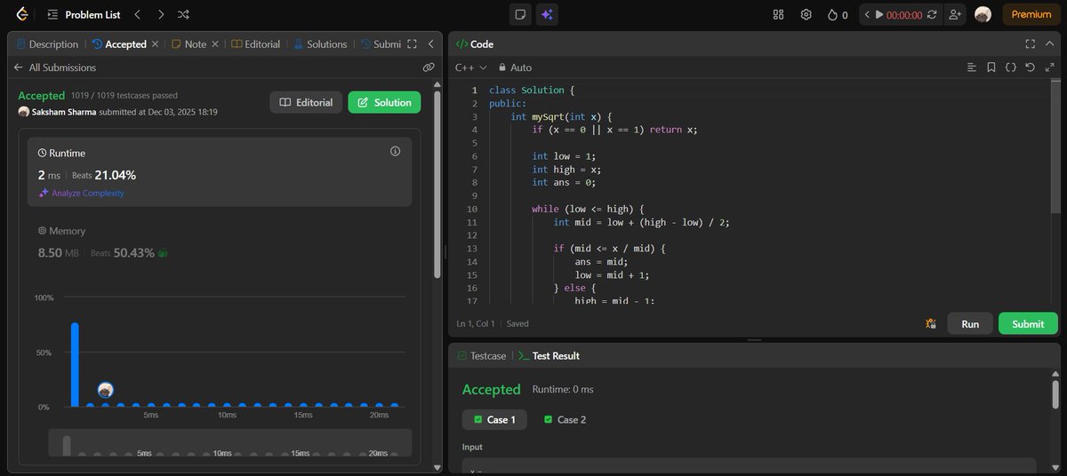 DumbSham14's tweet image. Day 37 - Leetcode DSA💻
Problem: Sqrt(x)
Practised binary search on integers and learned how to avoid overflow using mid &amp;lt;= x / mid.
#LeetCode #DSA #CodingStreak