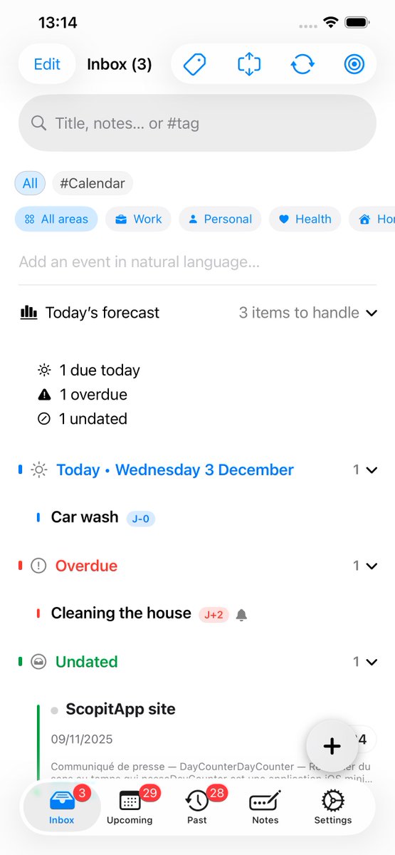 Scopit 1.3.0 has just been submitted to the App Store for review 🚀

– Quick Add to capture events in a single line
– Tags &amp; domains where you actually plan your day
– Smoother note editing on iPhone

Waiting for review… 🤞
#Productivity