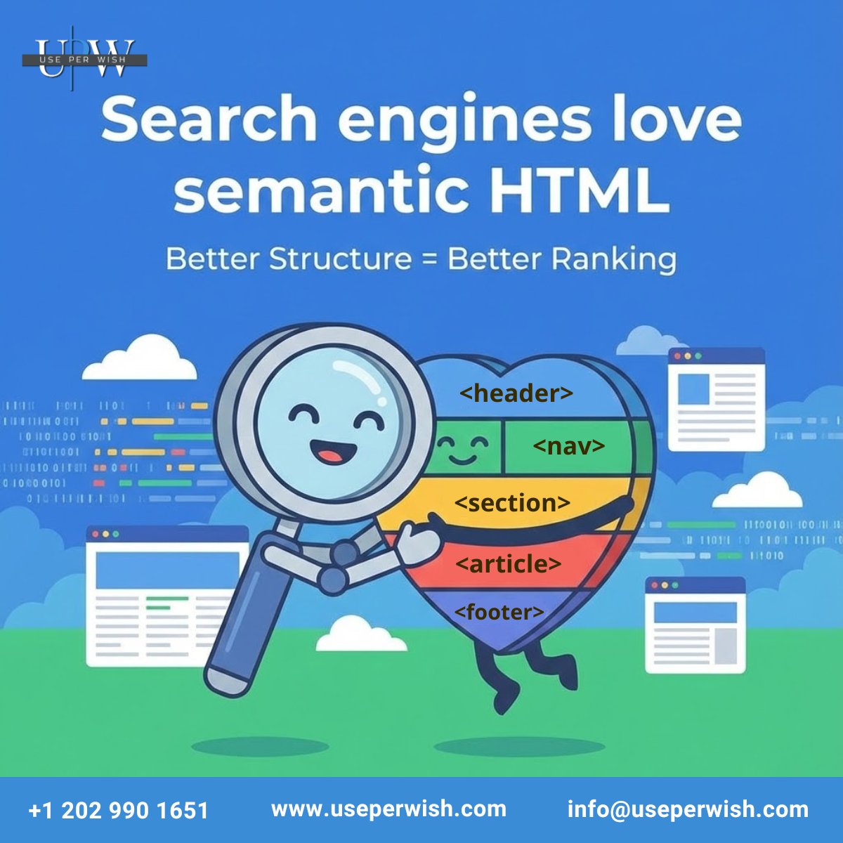 useperwish's tweet image. The real secret to higher search engine rankings is Semantic HTML.
Search engines LOVE well-structured content which gives crawlers a crystal-clear map of your page's hierarchy and meaning.

Optimize your website structure with us at useperwish.com

#SemanticHTML #SEO