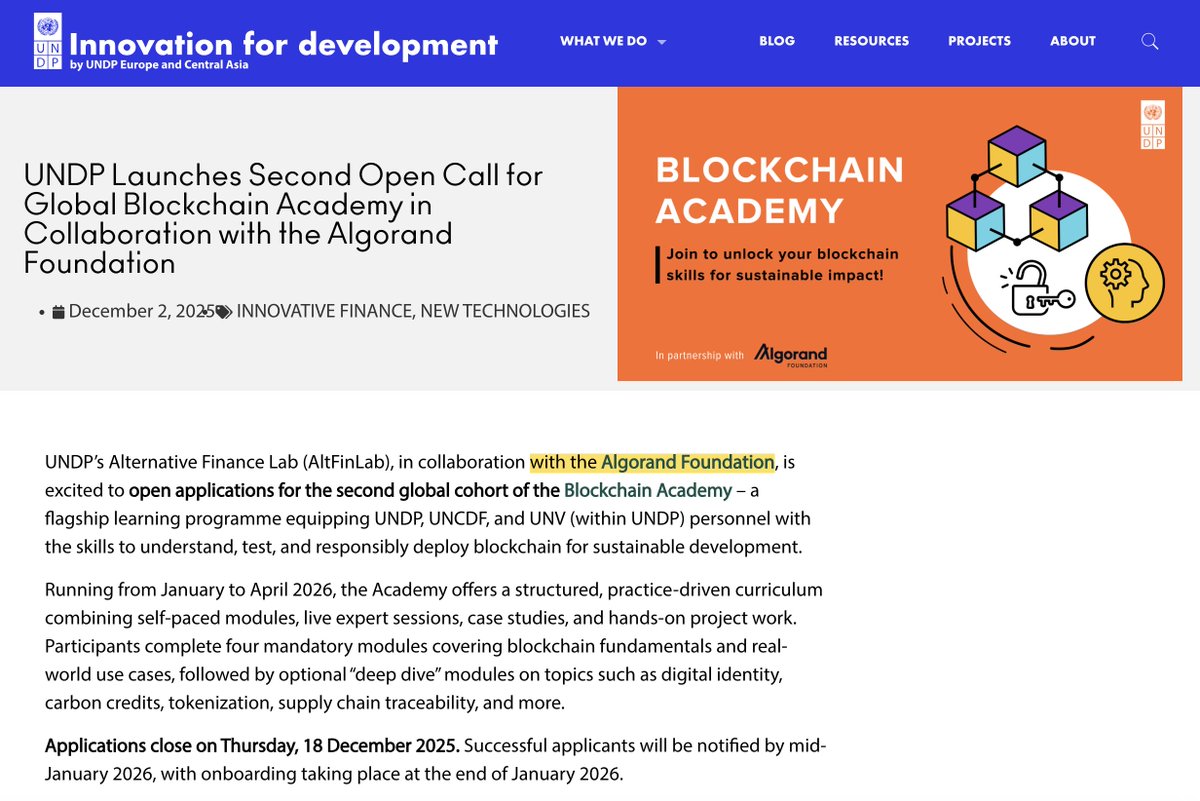 algerstmehn's tweet image. 🚨 @UNDP launches its second open call for its Blockchain Academy, in partnership with @AlgoFoundation!

Staff from @UNDP, @UNCDF &amp;amp; @UNVolunteers can learn about blockchain thanks to Algorand!

Already 500+ participants trained across 134 countries since launch! 🔥

$ALGO 🤝 @UN