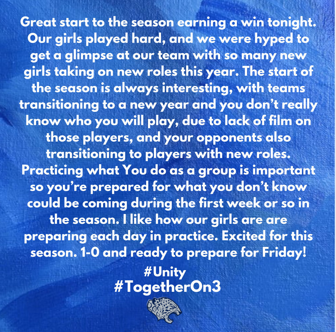 Each Season post game we have Coach’s thoughts where we recap the game and sometimes highlight what’s ahead. 1st addition of “Coach’s Thoughts” after we start the season 1-0
#Unity
#TogetherOn3