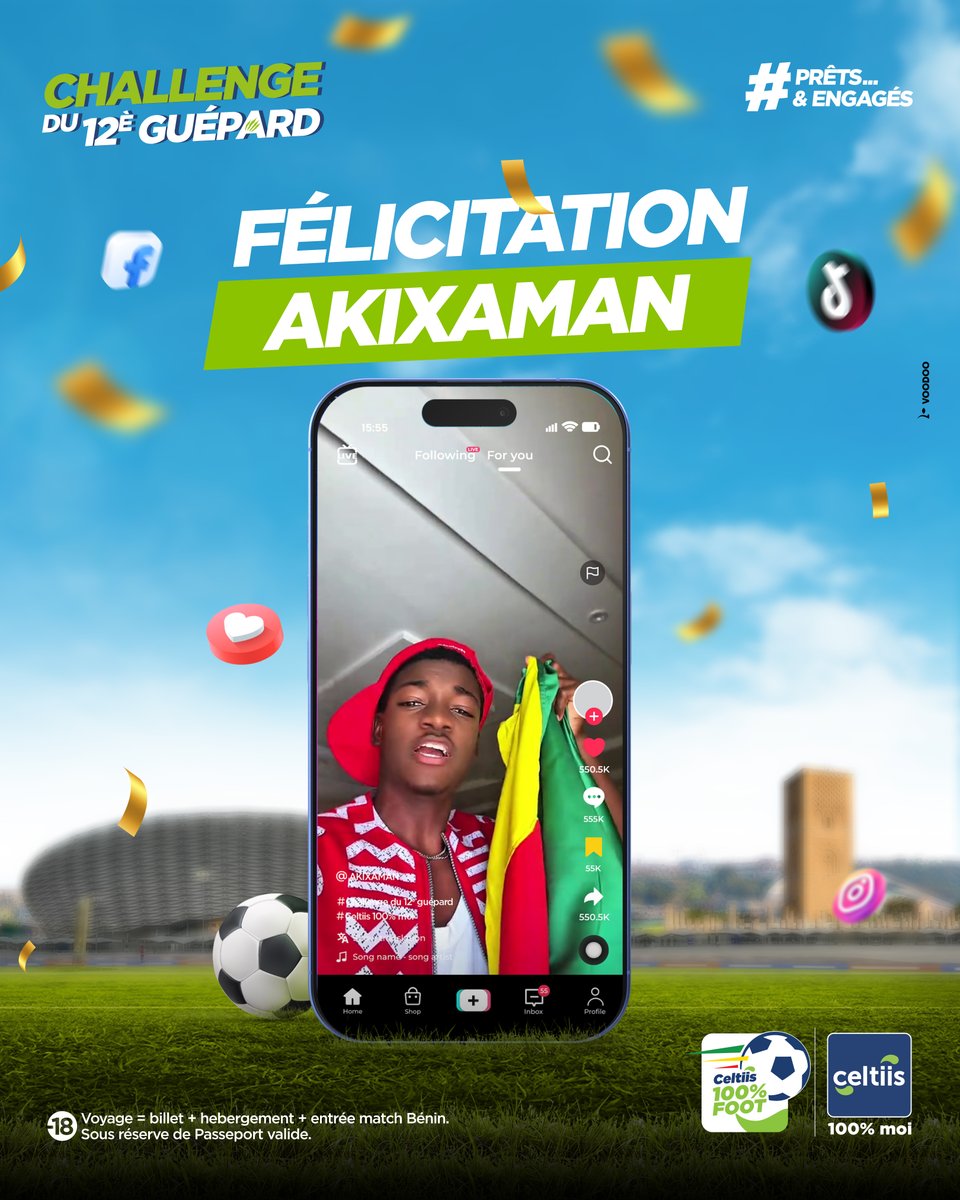 Notre 12ᵉ Guépard est enfin connu !

Celui qui s’envolera au Maroc pour pousser nos Guépards jusqu’au bout… c’est Akixaman sur TikTok ! 🇲🇦

Sa vidéo a explosé les compteurs avec plus de 2600 partages 

Félicitations champion.🏆✈

#12eGuépardCeltiis #Celtiis100PourCentMoi