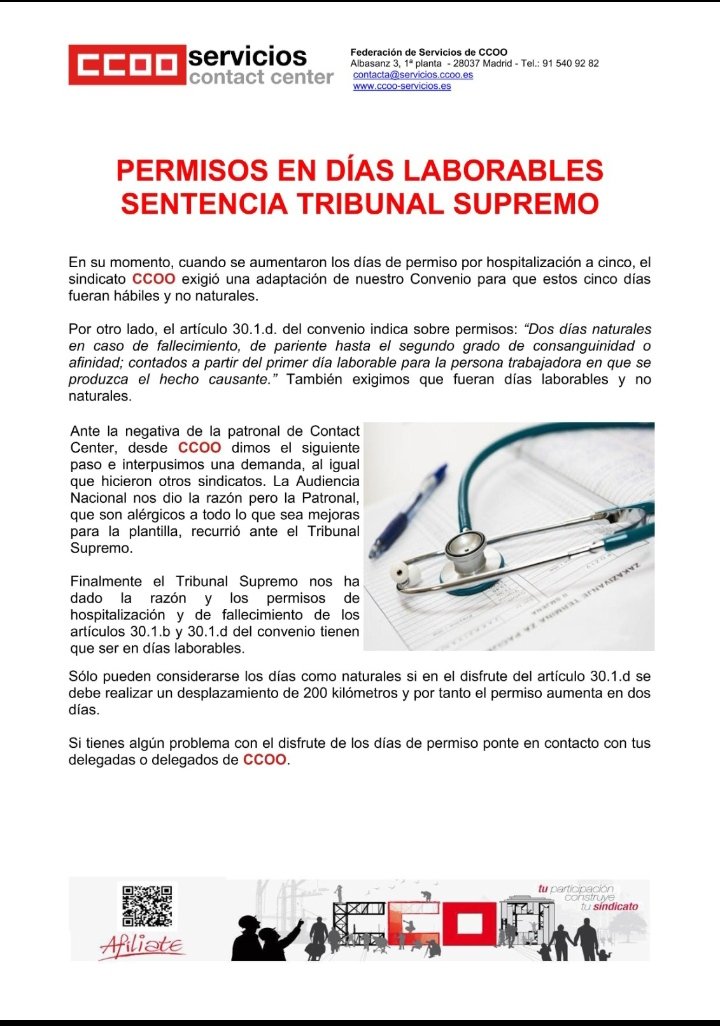Compañeras y compañeros, en el comunicado os dejamos la información relacionada con las modificaciones de los permisos 30.1.b y 30.1.d que pasan a ser de días naturales tal y como marca el convenio, a días laborales. Si tienes cualquier duda o problema contáctanos