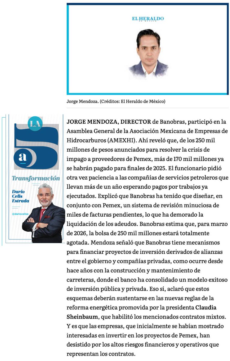 #LaQuintaTransformación
Jorge Mendoza, Director de Banobras, participó en la Asamblea General de <a href="/AMEXHI_Oficial/">AMEXHI_Oficial</a>. Ahí reveló que, de los 250 mil mdp para resolver el impago a proveedores de Pemex, más de 170 mil mdp ya se habrán pagado para finales de 2025
bit.ly/3MaPkQ1