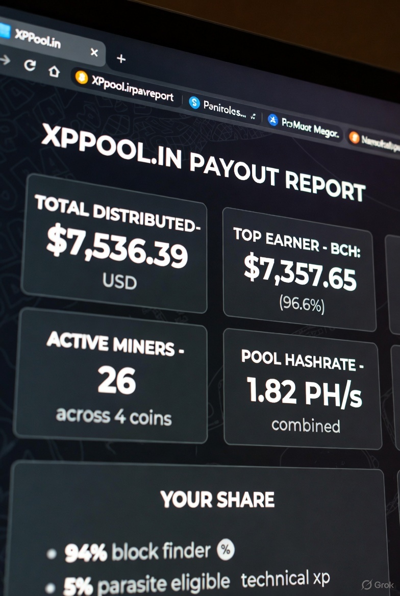 XPPOOL.IN PAYOUT REPORT

  💰 TOTAL DISTRIBUTED - $7,536.39 USD
  📊 TOP EARNER - BCH: $7,357.65 (96.6%)
  👥 ACTIVE MINERS - 26 across 4 coins
  ⚡ POOL HASHRATE - 1.82 PH/s combined

  🎯 YOUR SHARE
     94% block finder + 5% parasite eligible