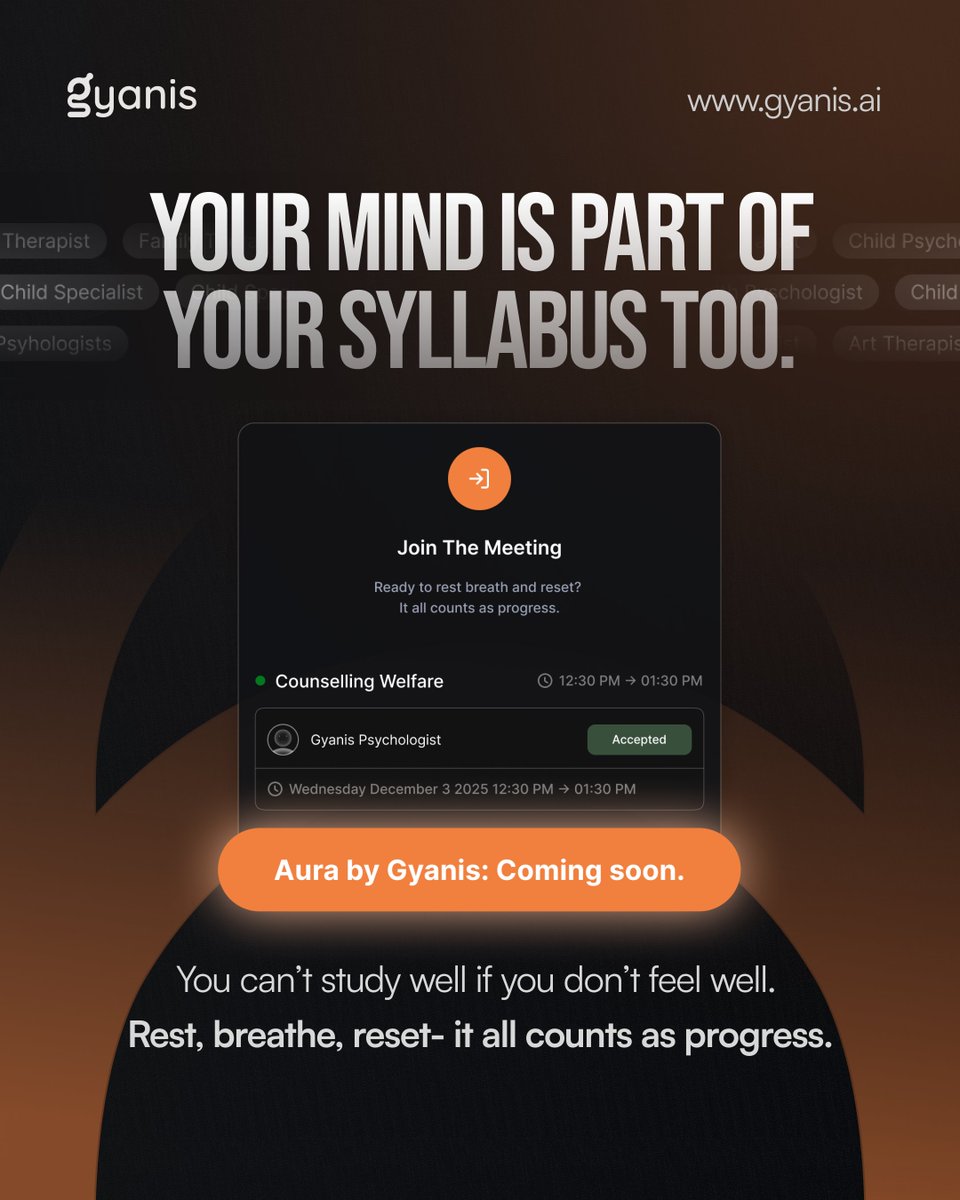 gyanisaiedtech's tweet image. Grades matter, But your mind matters more.
Aura a space inside Gyanis to help you track how you feel.

Visit: gyanis.ai

#gyanis #aiforstudents #cbse #nep2020 #progressnotpressure #iitprep #futureoflearning #jeeprep