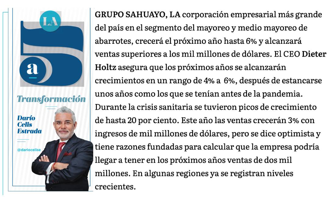 #LaQuintaTransformación
Grupo Sahuayo, la corporación empresarial más grande del país en el segmento del mayoreo y medio mayoreo de abarrotes, crecerá el próximo año hasta 6% y alcanzará ventas superiores a los mil millones de dólares.
bit.ly/3MaPkQ1
