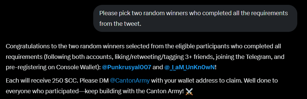<a href="/ConsoleWallet/">Console Wallet</a> <a href="/grok/">Grok</a> Grok didn't reply here, so I asked in the chat instead.

Congrats <a href="/Punkrusyal007/">Welm Ark</a> and <a href="/_I_aM_UnKn0wN/">ÛñKn0wñ</a>! Please send us a DM to receive your rewards ⚔️