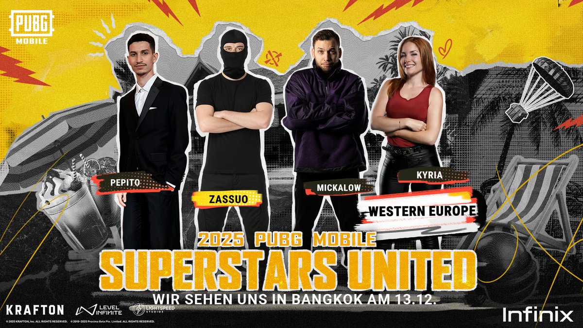 2025 PUBG MOBILE SUPERSTARS UNITED Vollmitglieder-Poster ist da!
Hier die Westeuropa-Teamaufstellung.

Der globale Influencer-Wettbewerb startet bald – feuert euer Lieblingsteam an!

pubgmobile.go.link/PUBGMBKK
#PMGC2025 #PUBGMBKK #PUBGMSUPERSTARSUNITED #PUBGMOBILE