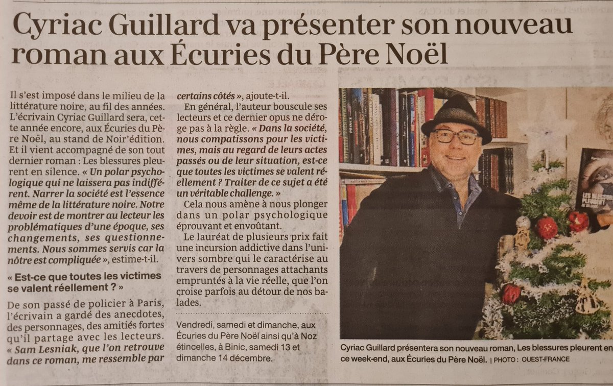 cyriacguillard's tweet photo. Merci à  @OuestFrance22 pour cette mise en avant. Je serai au #marché de #Noël de #Lamballe, dans l'enceinte du haras, à l'écurie N°4 sur le stand de @Noiredition
#dédicace #signature #livre #thriller #polar #policier #roman #Côtesdarmor #nouveautéslittéraires #écrivain https://t.co/ySTg8fpTHa
