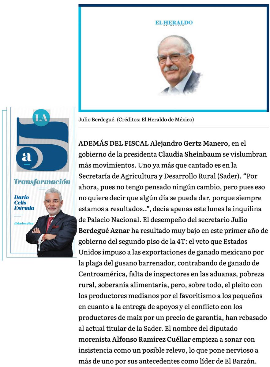 #LaQuintaTransformación
Además del fiscal Alejandro Gertz Manero, en el gobierno de la presidenta <a href="/Claudiashein/">Claudia Sheinbaum Pardo</a> se vislumbran más movimientos. Uno ya más que cantado es en la Secretaría de <a href="/Agricultura_mex/">Secretaría de Agricultura y Desarrollo Rural</a>.
bit.ly/3MaPkQ1