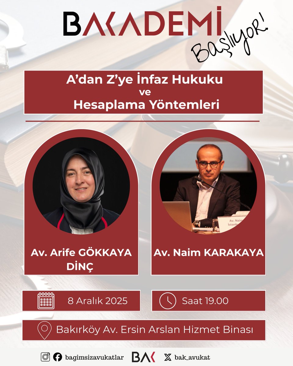 BAK AKADEMİ BAŞLIYOR! 📚✨

BAK Akademi çatısı altında, alanında uzman isimlerle bir araya geleceğimiz; mesleki gelişimi destekleyen eğitimler, dersler ve interaktif sohbetlerle dolu zengin bir programı hayata geçiriyoruz.

Her buluşmada deneyimli hukukçuların tecrübelerini