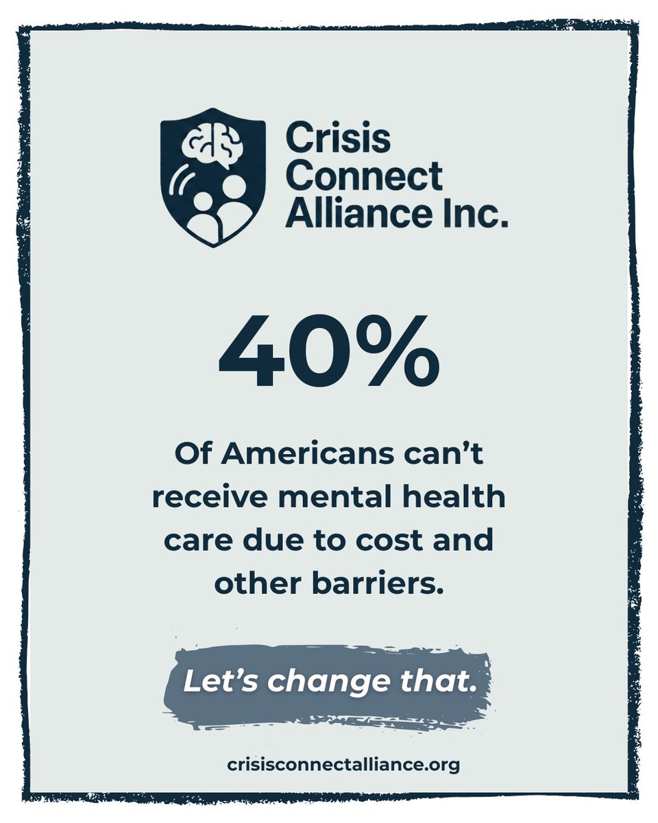 MentalVTech's tweet photo. Forty percent of Americans can’t access mental health care because of cost and other barriers. Crisis Connect Alliance is working to change that—but we can’t do it alone.
Your donation helps us support families, reduce barriers, and bring care within reach.
Give today at https://t.co/WeiDLZAtjE and help change the statistics.