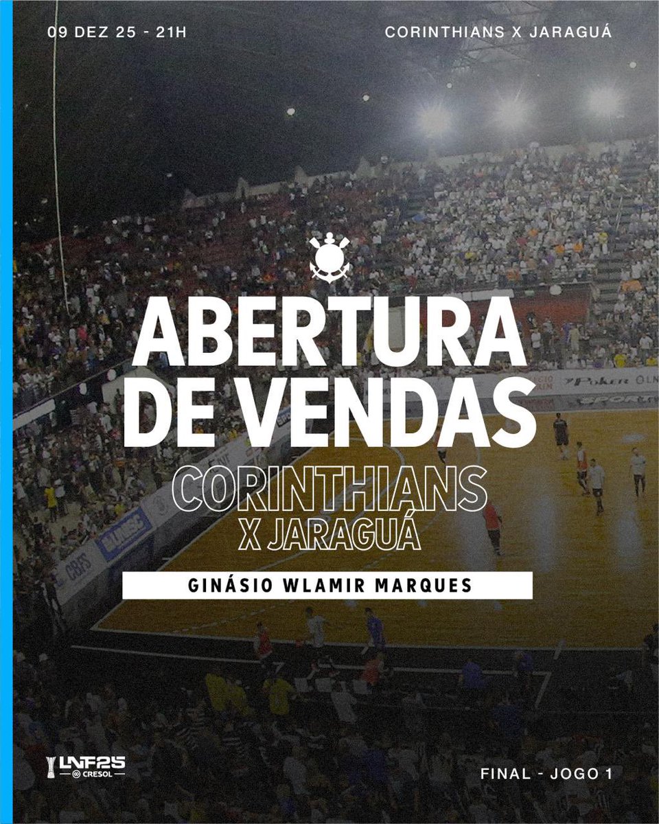 corinthiansftsl's tweet photo. INGRESSOS DISPONÍVEIS PARA A FINAL DA LNF! ⚫⚪

Confira as informações de venda de ingressos para o clássico entre Timão e Jaraguá, válido pelo jogo de ida da final da Liga Nacional, que acontece no próximo dia 09/12 (terça), às 21h (horário de Brasília), no Wlamir Marques! https://t.co/4nr3dRYyGk