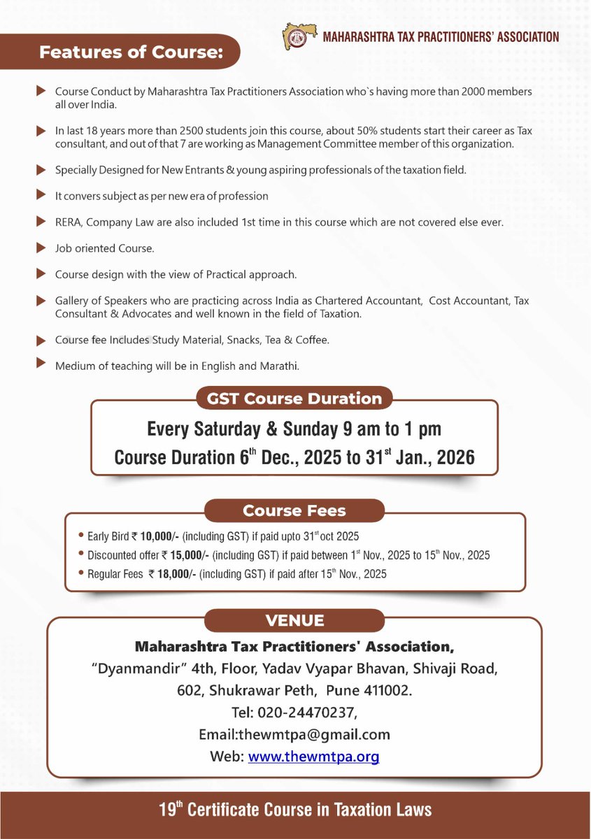 MTPA1981's tweet photo. Much awaited &amp; most reliable 19th Certificate Course in Taxation Laws is starting from 6th December... 
Don't miss the Golden Opportunity... 
enroll today... 
be updated with Taxation laws &amp; also with AI techniques.

Presented by: Maharashtra Tax Practitioners’ Association https://t.co/91z6WXU2zL